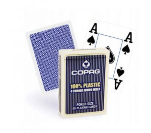 Karty Pokera 100, Plastik PKJ4. Talia niebieska, duży index w 4 rogach
