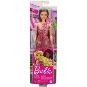 Lalka Barbie blondynka w lśniącej różowej sukience