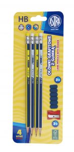 Ołówki Astra grafitowe z gumką, temperówką i nakładką blister 4 sztuki